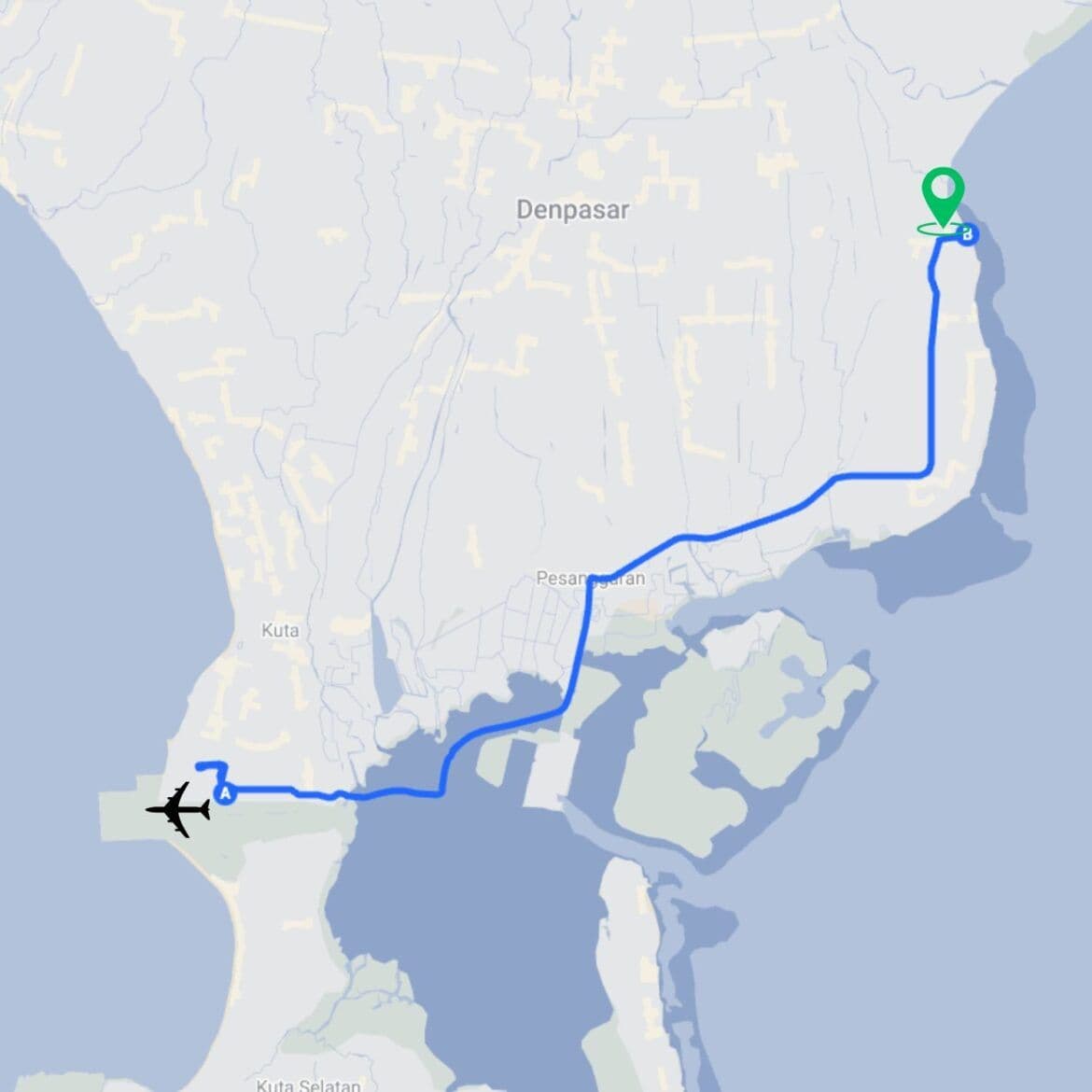 Private Bali airport transfer car arriving near Sanur harbor and beach in Bali